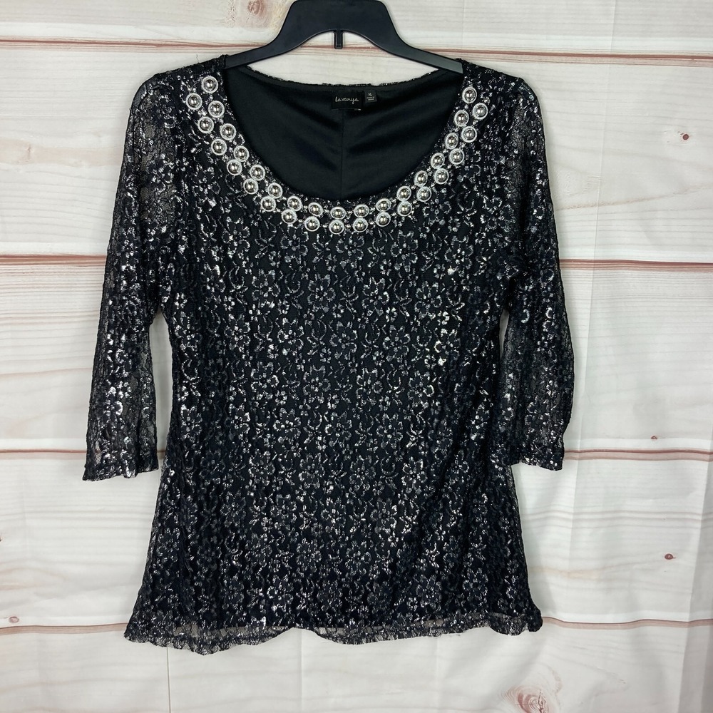 La Vanya Top Womens XL Black Silver Lace Blouse 3/4 Sleeve Rhinestone Neck